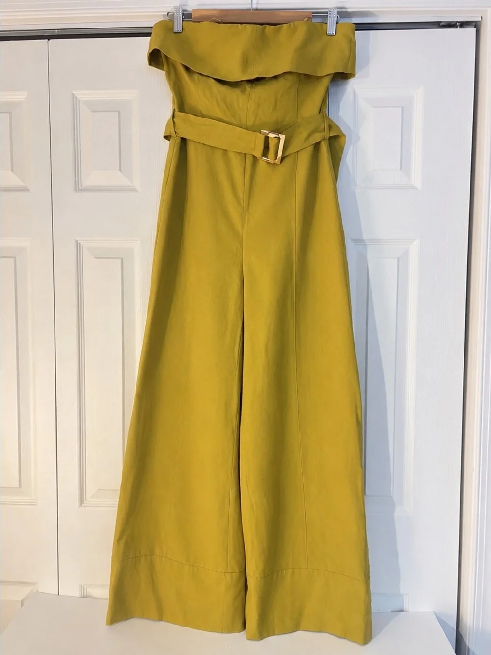 ZARA Strapless Linen-blend Wide Leg Belted Jumpsuit Mustard Olive NWT M